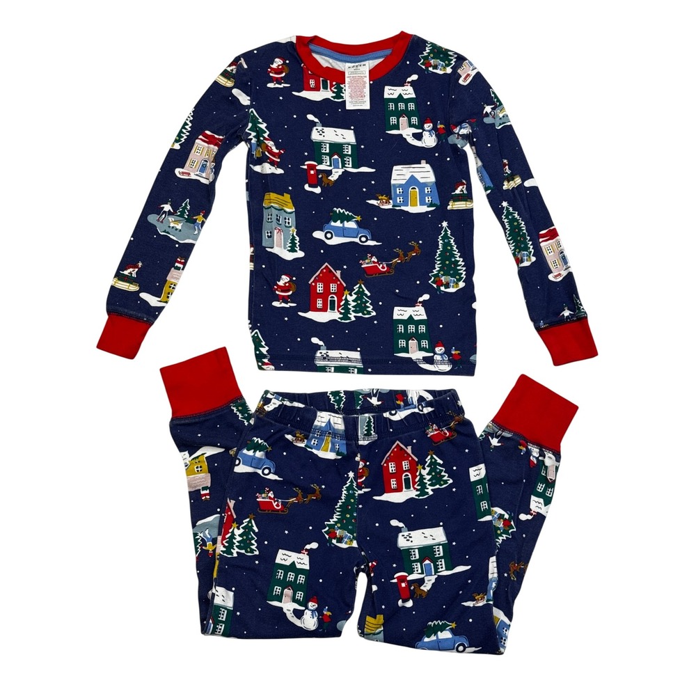 Mini Boden Christmas Pajamas‎ Kids 7Y Navy Blue Santa Snowman Print Long Sleeve
